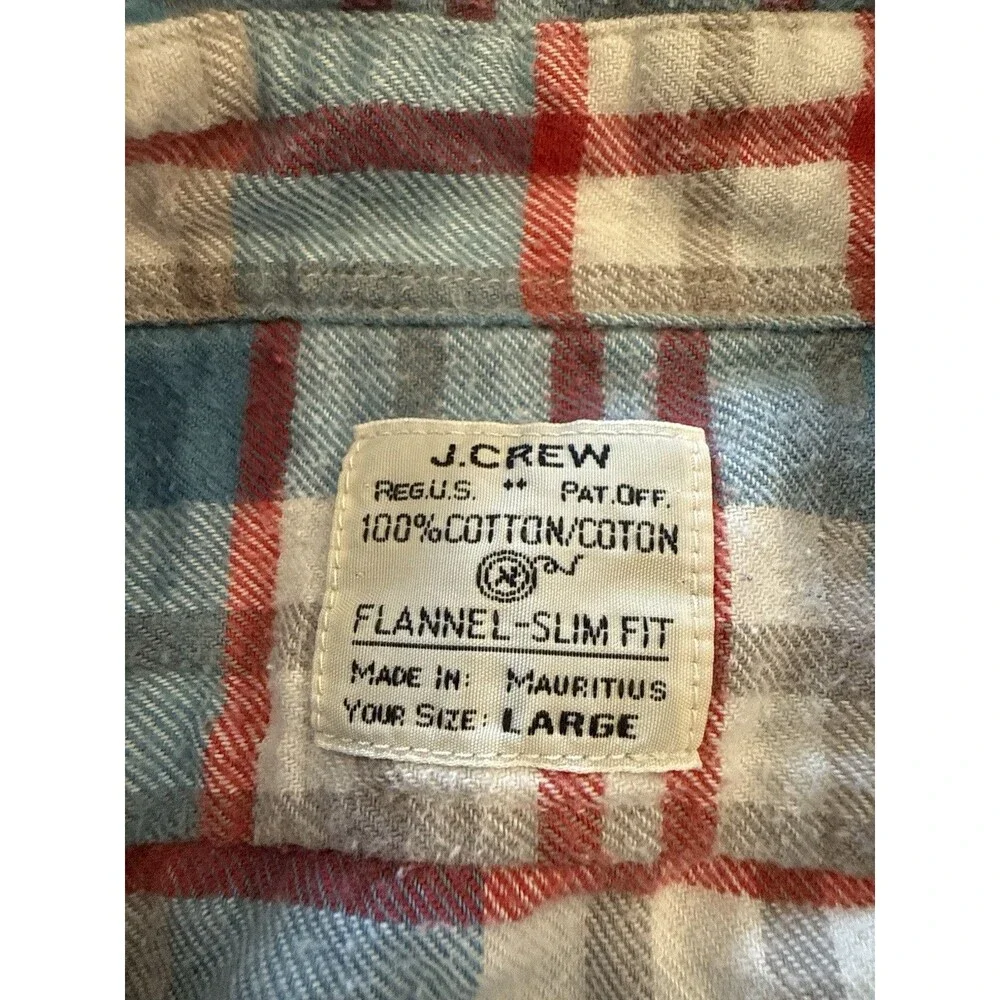 J.CREW Men's L Regular Slim Blue/White/Red Plaid Flannel Button-Down 100% Cotton